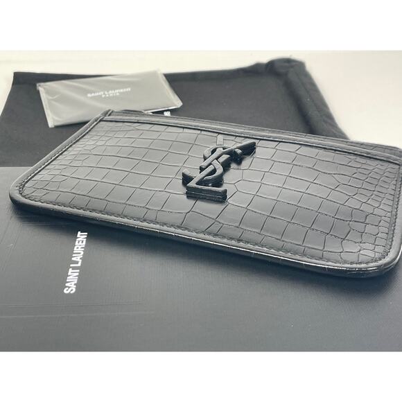 NEW! SAINT LAURENT CROC BLACK LEATHER ZIP YSL POUCH BAG WALLET CARD HOLDER BOX! - Picture 6 of 8